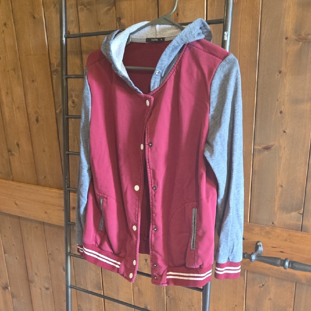 Casual Two-Tone Hooded Bomber Jacket - Red and Gray